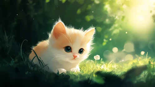 White kitten with orange markings in sunlit grass setting