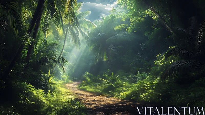 Sunlit jungle interior with dense palm canopy and dirt pathway