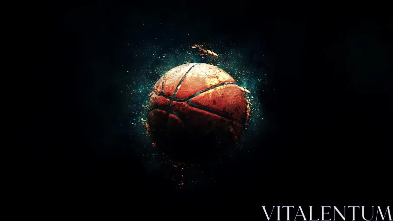 Exploding basketball floats in dark void with glowing debris