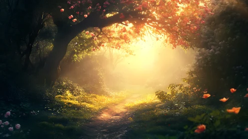 Backlit flowered forest path with volumetric sunrise haze