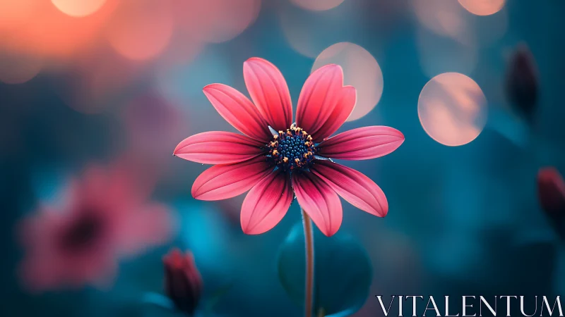 Pink cosmos flower with dark center and blurred bokeh background.