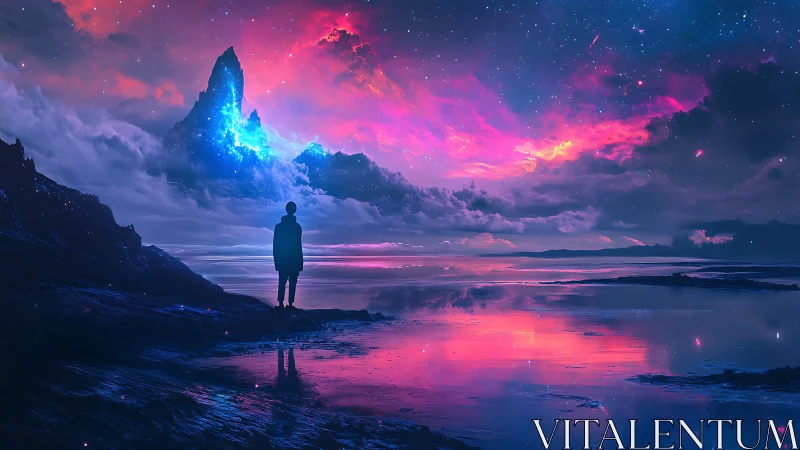 Solitary figure under bioluminescent cosmic seascape sky.