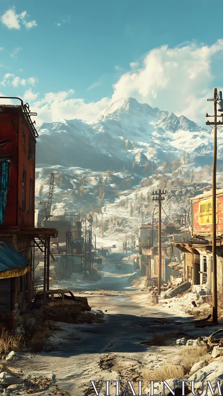 Snowbound post apocalyptic main street beneath alpine massif
