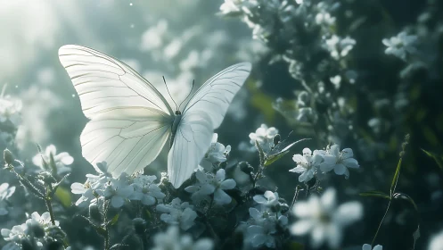 White butterfly resting on small white flowers in soft light.