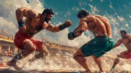 Two muscular fighters engage in hand-to-hand combat on beach sand.