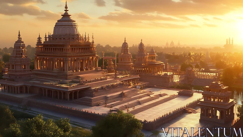 Sunlit temple complex with stepped platforms and towers.