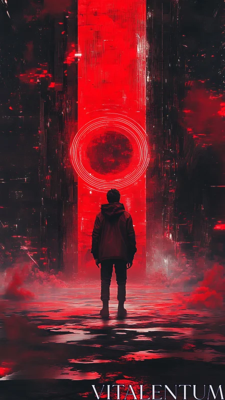 Solitary figure before luminous red cyber portal at night