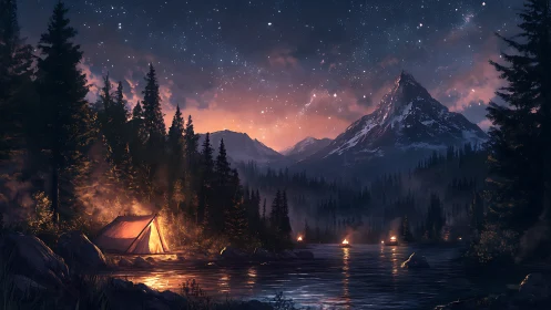 Starlit mountain campfire glows beside a whispering river.