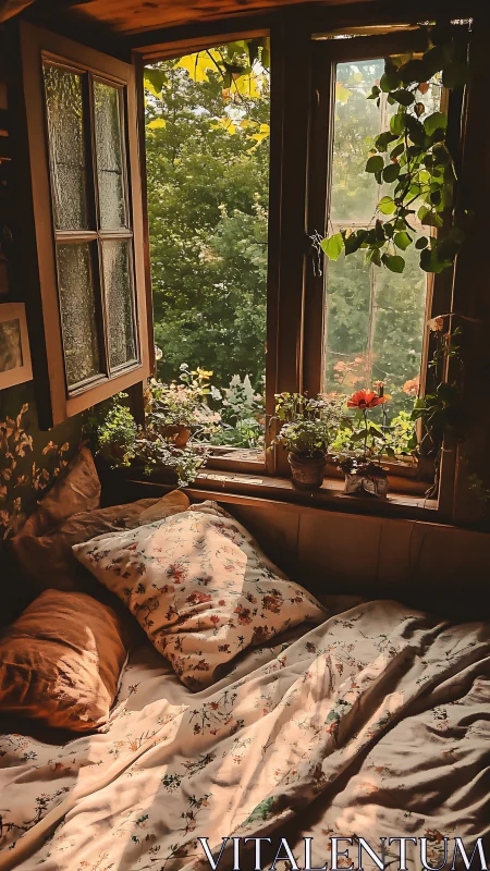 Sunlit cottage bed under open window and climbing plants.