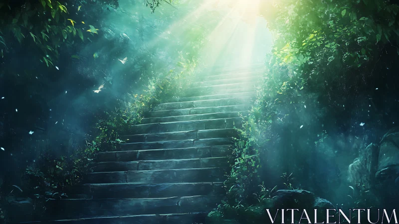Stone stairway ascends through misted forest under volumetric light