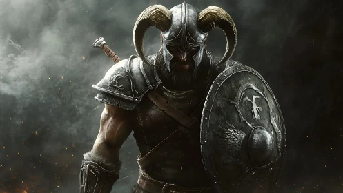 Horned warrior strides from smoke, shield swallowing the light