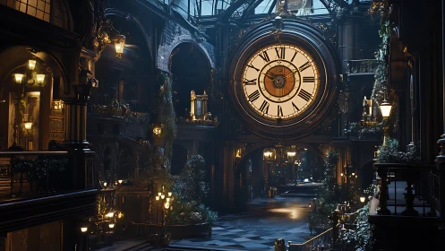 Grand indoor clock hall with ornate victorian decor.
