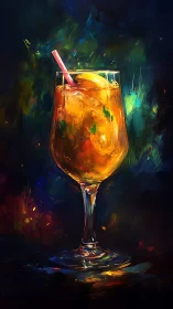 Luminous Cocktail Glass With Amber Liquid and Straw Against Dynamic Expressionist Background.