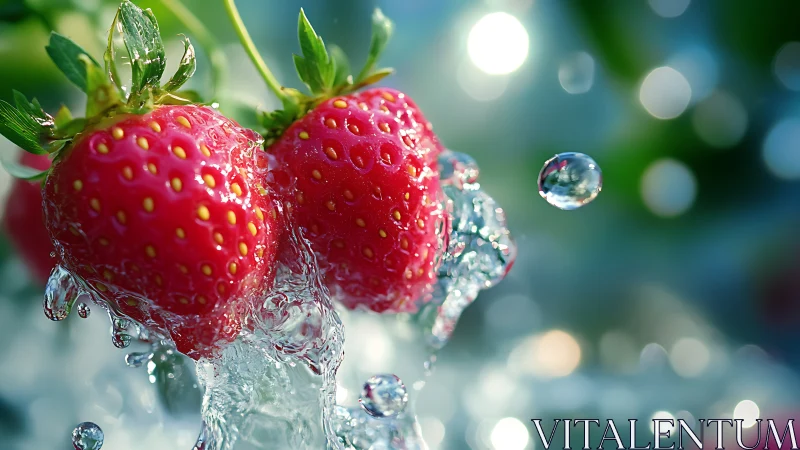 Sunlit strawberries dive through frozen splashes of water
