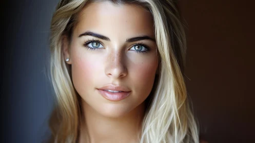 Portrait shows centered close-up of woman with neutral gaze