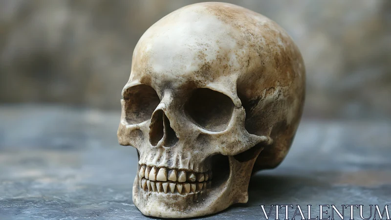 Human skull on textured surface under soft neutral light.