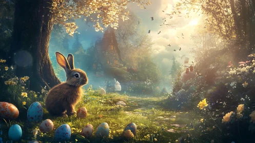 Easter meadow rabbit rests among glowing painted eggs.