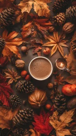 Moody autumn flatlay with coffee, candle and foliage warmth.
