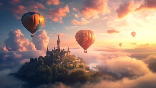 Dreamlike hot air balloons drift above a floating castle at dawn.
