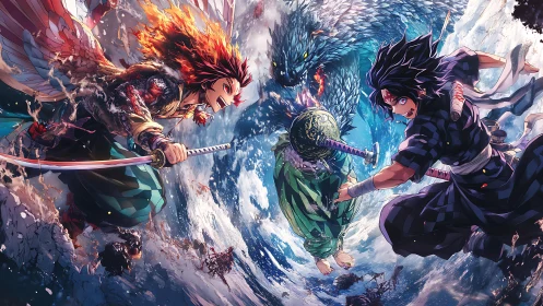 Blazing wings and rushing waves collide in anime battle.