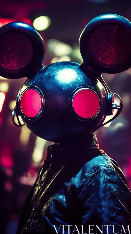 Neon-lit mouse helmet DJ in glossy cyber club scene.