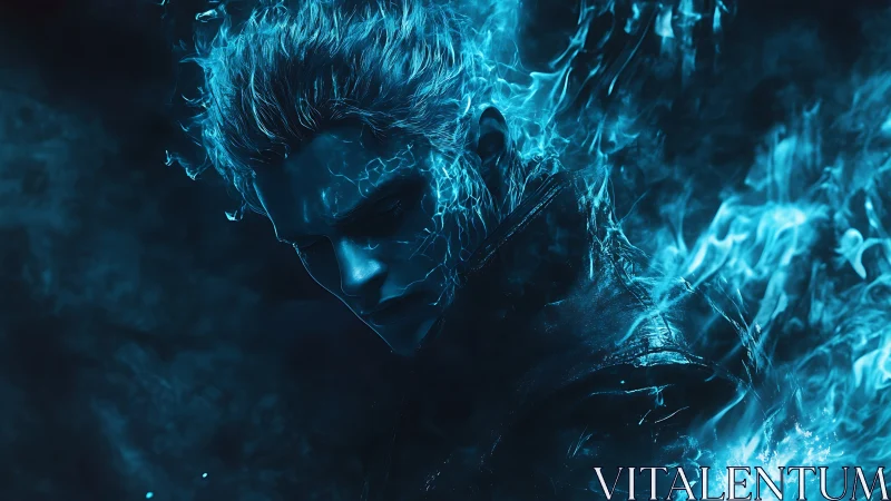 Stormlit warrior bows in swirling blue spectral flames