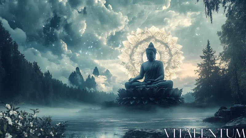 Serene Buddha statue on lotus with luminous mandala halo in mist