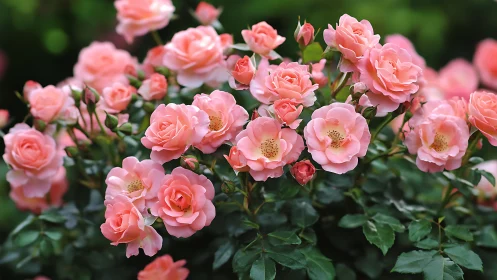 Pink flowering roses in full bloom against green foliage
