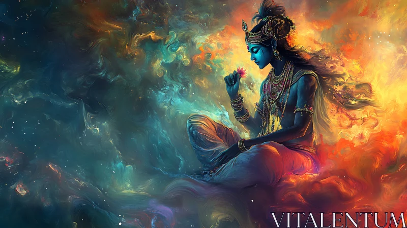 Celestial blue deity drifting gently through cosmic color.