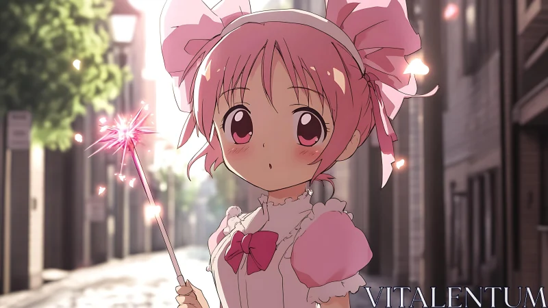 Pink haired magical girl holding wand in city street.