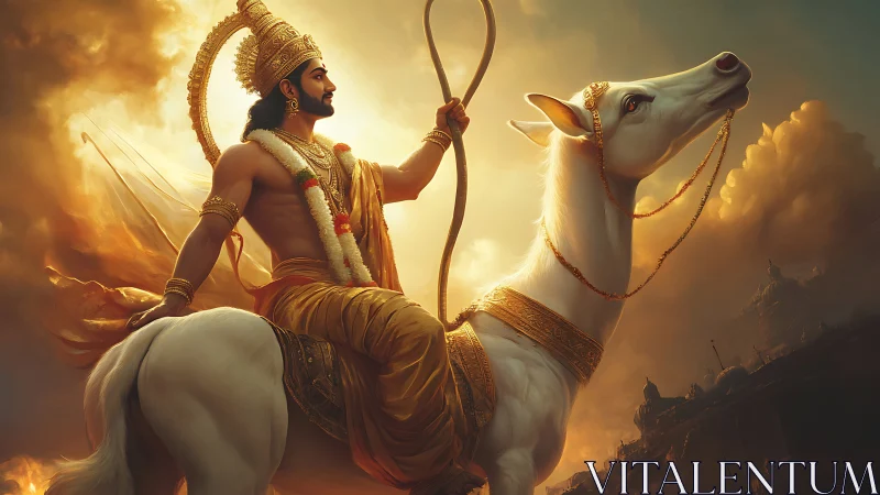 Divine warrior rides white horse through burning sky