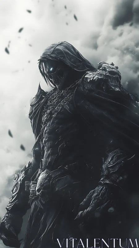 Mysterious armored wraith stands calm in stormy twilight.