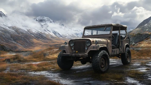 Weathered off-road jeep stands in misty alpine valley
