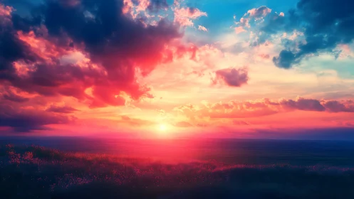 Vibrant horizon sunset over coastal grasslands with radiant clouds