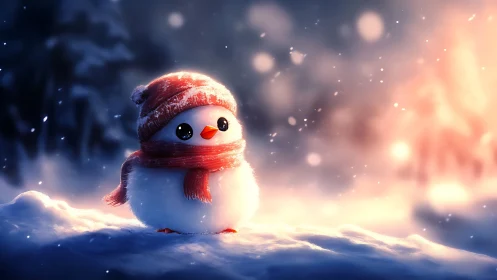 Cute stylized snow chick wearing knit hat and scarf at dusk