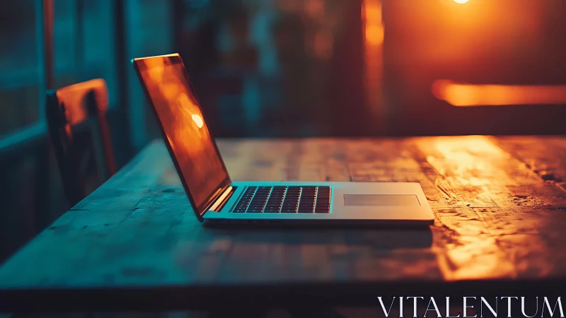 Sunlit laptop on rustic desk in cinematic warm bokeh light.