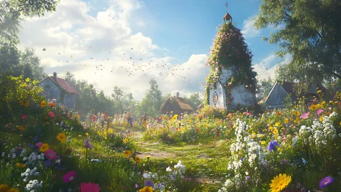 Flower-covered rural chapel and villagers in bright daylight.