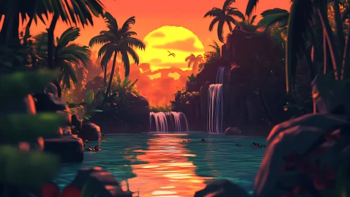 Sunlit jungle lagoon glows beneath cascading waterfalls.