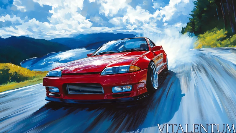 Red sports car is rendered drifting on a lakeside road