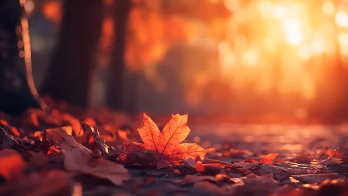 Golden autumn leaf rests softly in warm forest light