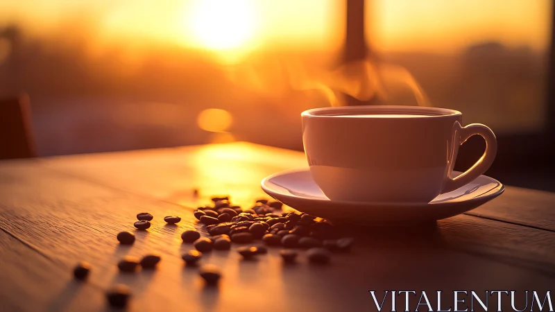 Sunrise steam crowns a quiet cup amid scattered coffee gems