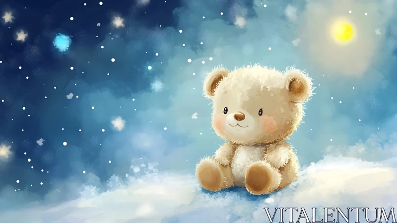 Digital illustration of teddy bear on snowy cloud at night.