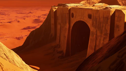 Sunlit Martian gateway carved deep into rust-red cliffs.