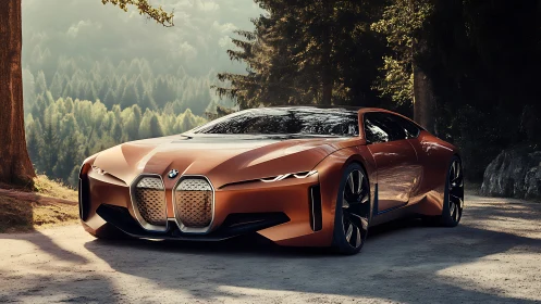 Sculpted orange BMW concept car glows against a quiet forest