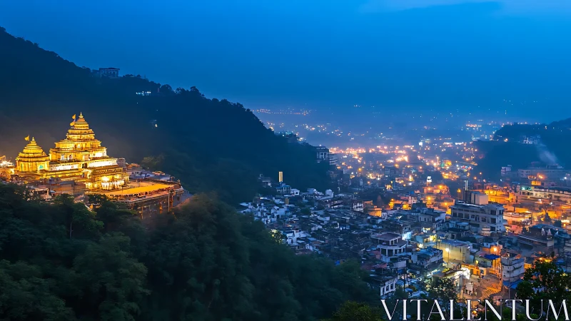 Illuminated hillside temple and valley city at blue hour.
