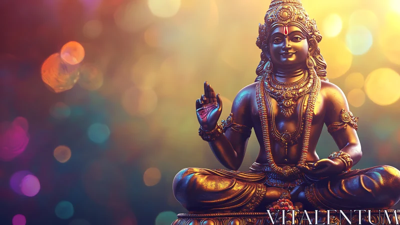 Radiant golden deity statue sits peacefully in warm light