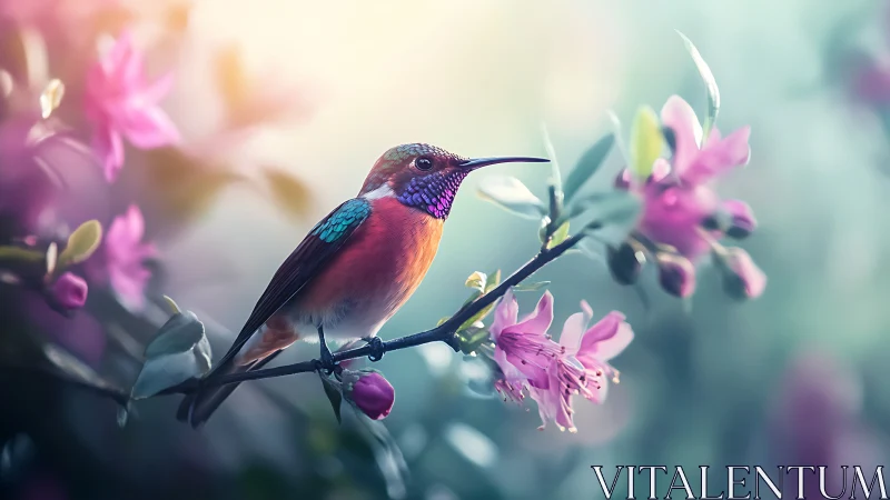 Hummingbird pauses mid-ballet among dreamy pink blossoms