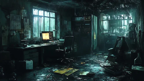 Abandoned flooded computer workstation inside dark server room