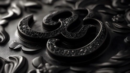 Elegant black Om symbol on ornate textured background, 3D style.