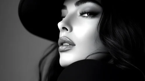 Monochrome close portrait of woman in wide brim hat.